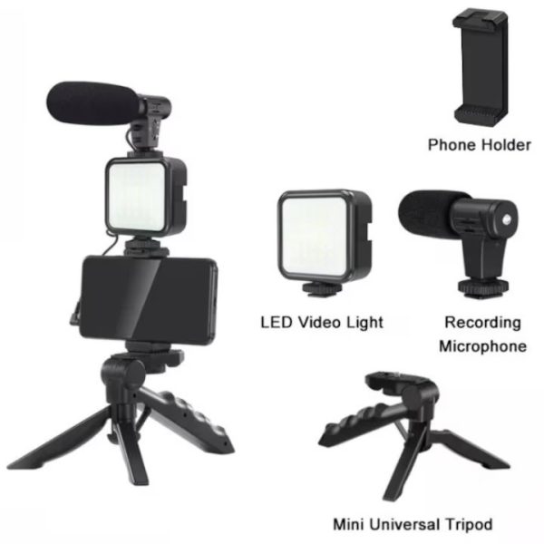 Kit vlogging 5 in 1 cu trepied, microfon, panou LED, suport reglabil telefon, cablu microfon, filmari video Youtube, compatibil cu aparat foto/smartphone - imagine 3