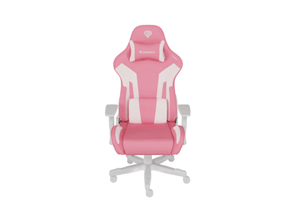 Scaun gaming Genesis Nitro 710, material piele ecologica, reglabil pe inaltime, greutate maxima suportata 150 kg, inaltime scaun reglabil 47.5 - 54.5 cm, spatar ajustabil 135?, dimensiuni roti 60mm,  echipat cu piston cu gaz clasa 4, manere 2D, roz/alb