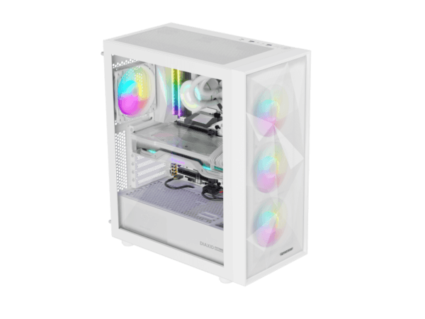 Carcasa GENESIS DIAXID 605 Mid Tower ARGB ALB, Tempered Glass, Sloturi Expansiune 7, Drive Bays: 2x3.5" 3x2.5", Ventilatoare Suportate: 8 (spate: 1x120mm, fata: 3x120mm sau 3x140mm, sus: 2x120mm sau 2x140mm, jos: 2x120mm), Ventilatoare Incluse: 4 (spate: 1x120mm, fata: 3x120mm), Format Placa De Baza