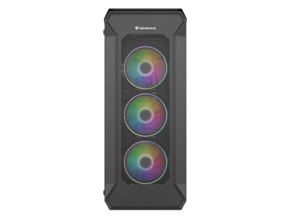 Carcasa GENESIS IRID 505 V2 Mid Tower ARGB NEGRU, Tempered Glass, Sloturi Expansiune 8, Drive Bays: 2x3.5" 7x2.5", Ventilatoare Suportate: 6 (spate: 1x120mm, fata: 3x120mm sau 2x140mm, sus: 2x120mm sau 2x140mm), Ventilatoare Incluse: 4 (4x120mm OXAL ARGB), Format Placa De Baza Suportat: Mini-ITX