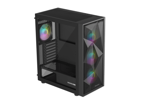 Carcasa GENESIS DIAXID 605 Mid Tower ARGB NEGRU, Tempered Glass, Sloturi Expansiune 7, Drive Bays: 2x3.5" 3x2.5", Ventilatoare Suportate: 8 (spate: 1x120mm, fata: 3x120mm sau 3x140mm, sus: 2x120mm sau 2x140mm, jos: 2x120mm), Ventilatoare Incluse: 4 (spate: 1x120mm, fata: 3x120mm), Format Placa De
