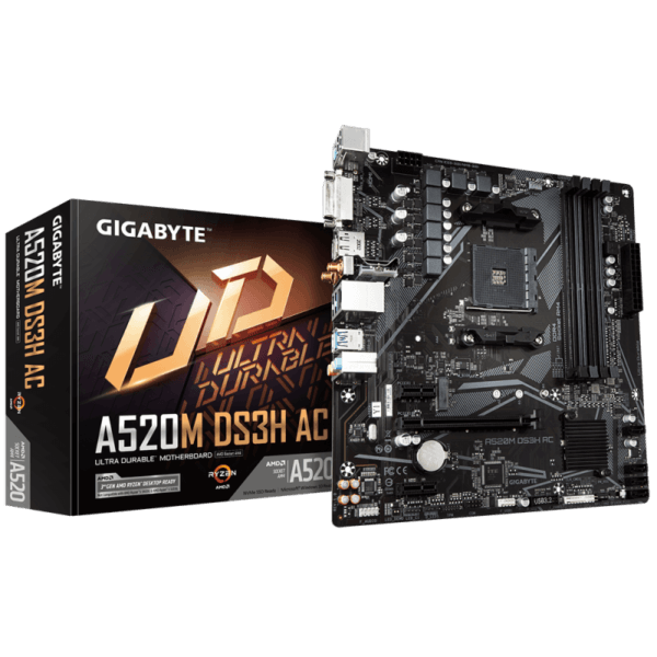 Placa de Baza GIGABYTE A520M DS3H AC AM4, 4x DDR4, 1x PCIE 3.0 x16 2x PCIE 3.0 x1, 1x M.2, 4x SATA 6GB/s, mATX