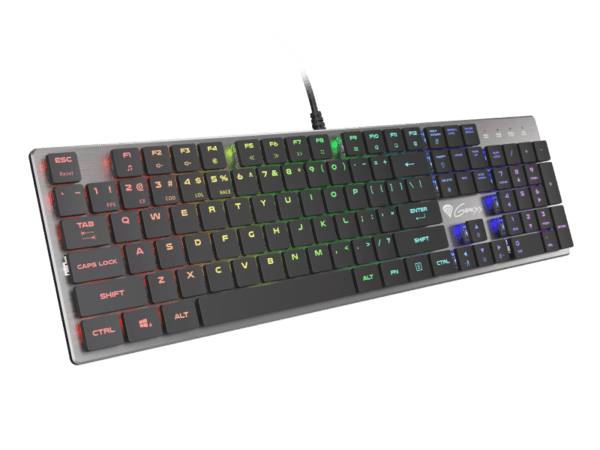 Tastatura gaming mecanica cu fir Genesis Thor 420 , iluminare RGB, switch Content Slim Blue, numar taste 104, 12 butoane multimedia, lungime cablu 165m, dimensiuni 418 x 113 x 24 mm, gri