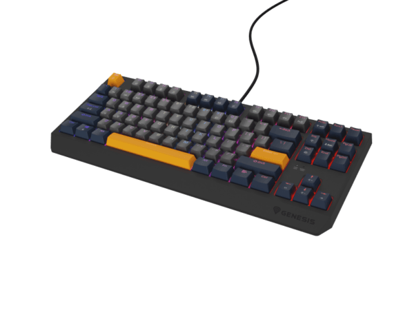 Tastatura gaming mecanica cu fir Genesis Thor 230 TKL, iluminare RGB, switch Linear, switch model Outemu Panda, numar taste 87, 11 butoane multimedia, lungime cablu 1.6m, dimensiuni 363 x 155 x 39 mm, naval blue