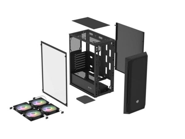 Carcasa FURY SHOBO SH4F Mid Tower RGB NEGRU, Tempered Glass, Sloturi Expansiune 7, Drive Bays: 2x3.5" 2x2.5", Ventilatoare Suportate: 8 (spate: 1x120mm, fata: 3x120mm sau 3x140mm, sus: 2x120mm sau 1x140mm, jos: 2x120mm), Ventilatoare Incluse: 4 (4x120mm), Format Placa De Baza Suportat: Mini-ITX - imagine 5
